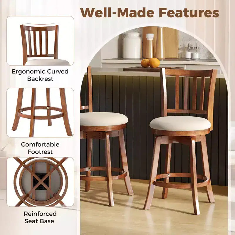 Costway 25'' Swivel Counter Barstools Set of 2 w/Backrest & Upholstered Seat Footrest