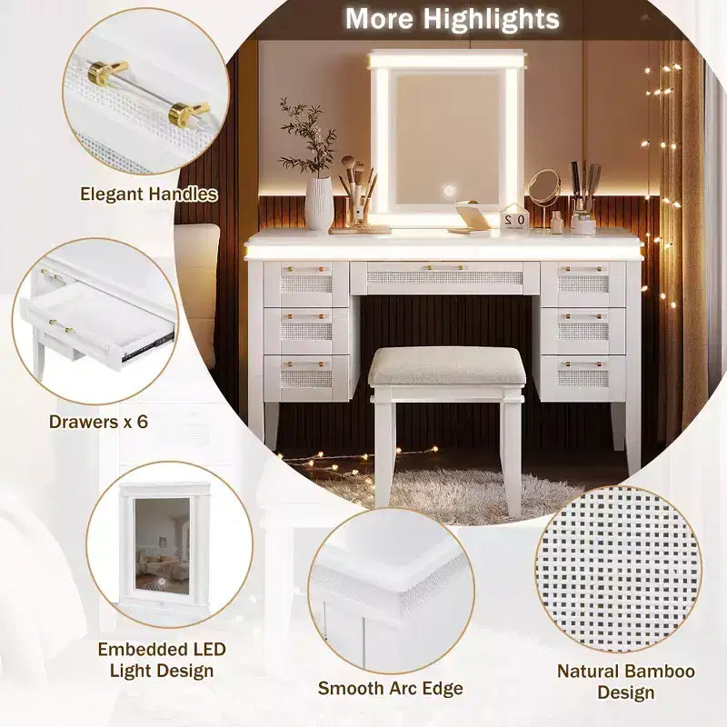 48 Vanity with Mirror & Light, 7 Drawers, Upholstered Stool, Classic Beige, Hollow Drawer Design, Rubberwood Legs Bedroom Style