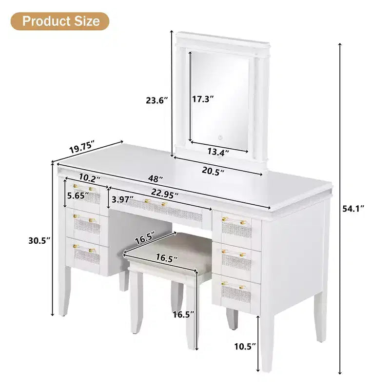 48 Vanity with Mirror & Light, 7 Drawers, Upholstered Stool, Classic Beige, Hollow Drawer Design, Rubberwood Legs Bedroom Style