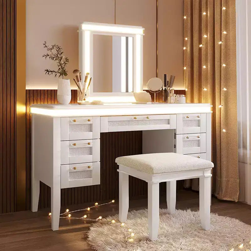 48 Vanity with Mirror & Light, 7 Drawers, Upholstered Stool, Classic Beige, Hollow Drawer Design, Rubberwood Legs Bedroom Style