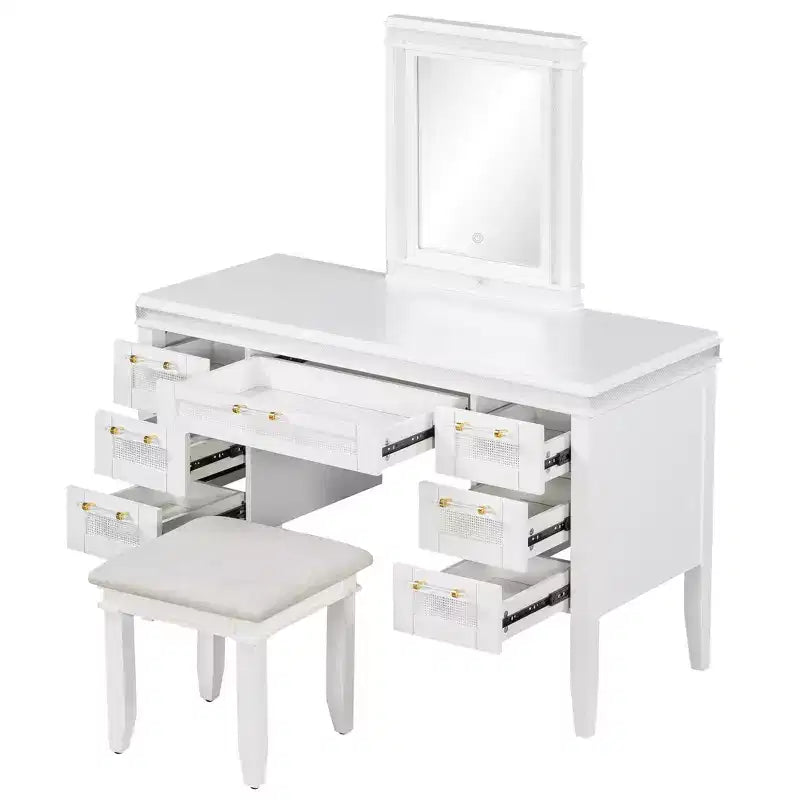 48 Vanity with Mirror & Light, 7 Drawers, Upholstered Stool, Classic Beige, Hollow Drawer Design, Rubberwood Legs Bedroom Style