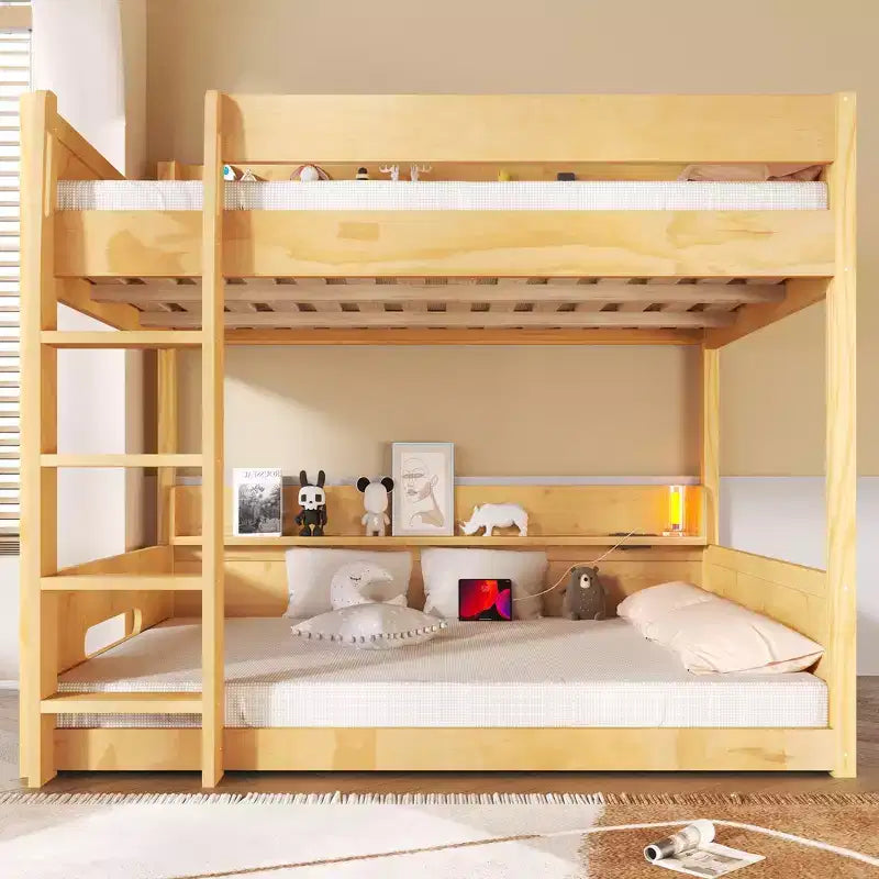 Queen over Queen Bunk Bed with Storage Shelves, USB Ports & Safety Rail - ModernLuxe