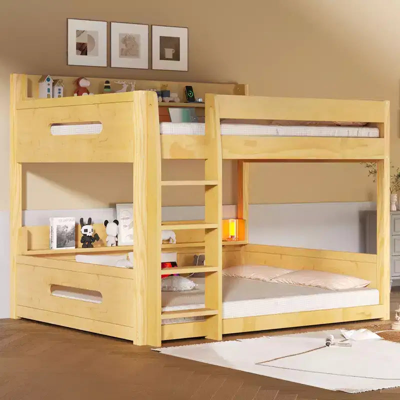 Queen over Queen Bunk Bed with Storage Shelves, USB Ports & Safety Rail - ModernLuxe