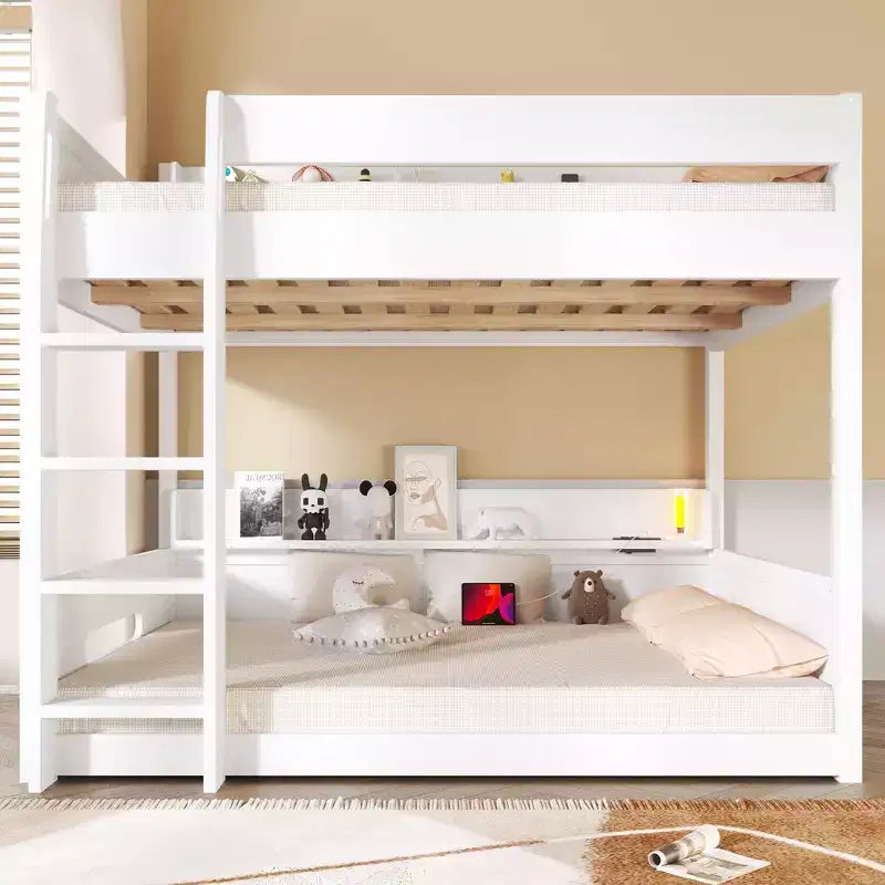Queen over Queen Bunk Bed with Storage Shelves, USB Ports & Safety Rail - ModernLuxe