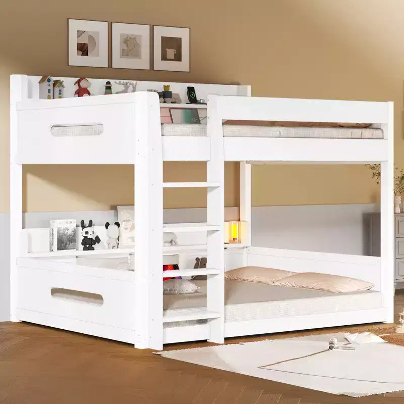 Queen over Queen Bunk Bed with Storage Shelves, USB Ports & Safety Rail - ModernLuxe