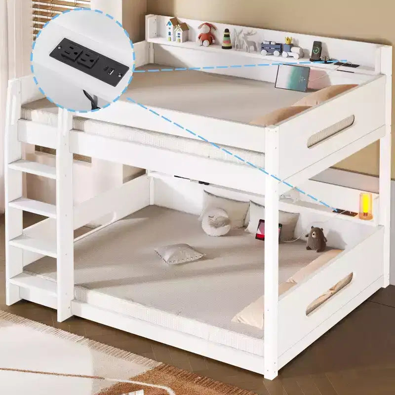 Queen over Queen Bunk Bed with Storage Shelves, USB Ports & Safety Rail - ModernLuxe