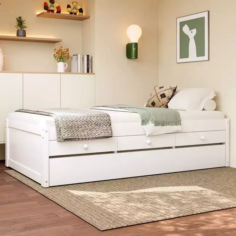 Bellemave Platform Bed with Trundle and 2 Drawers,Solid Wood Platform Beds Frame with Power Strip for Bedrooms