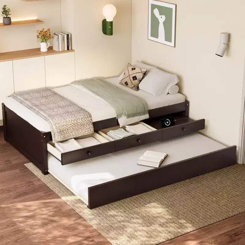 Bellemave Platform Bed with Trundle and 2 Drawers,Solid Wood Platform Beds Frame with Power Strip for Bedrooms