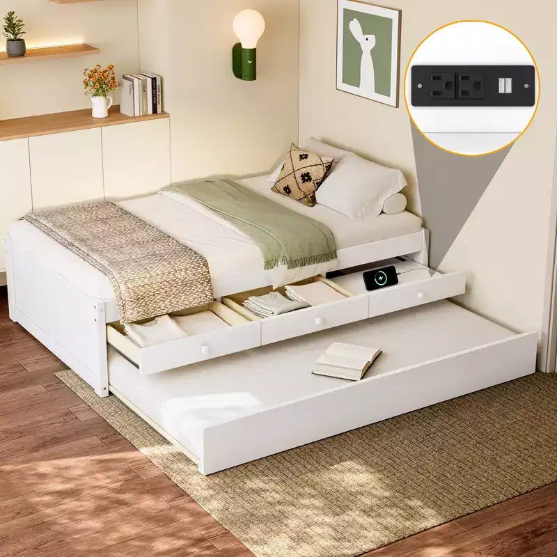 Bellemave Platform Bed with Trundle and 2 Drawers,Solid Wood Platform Beds Frame with Power Strip for Bedrooms
