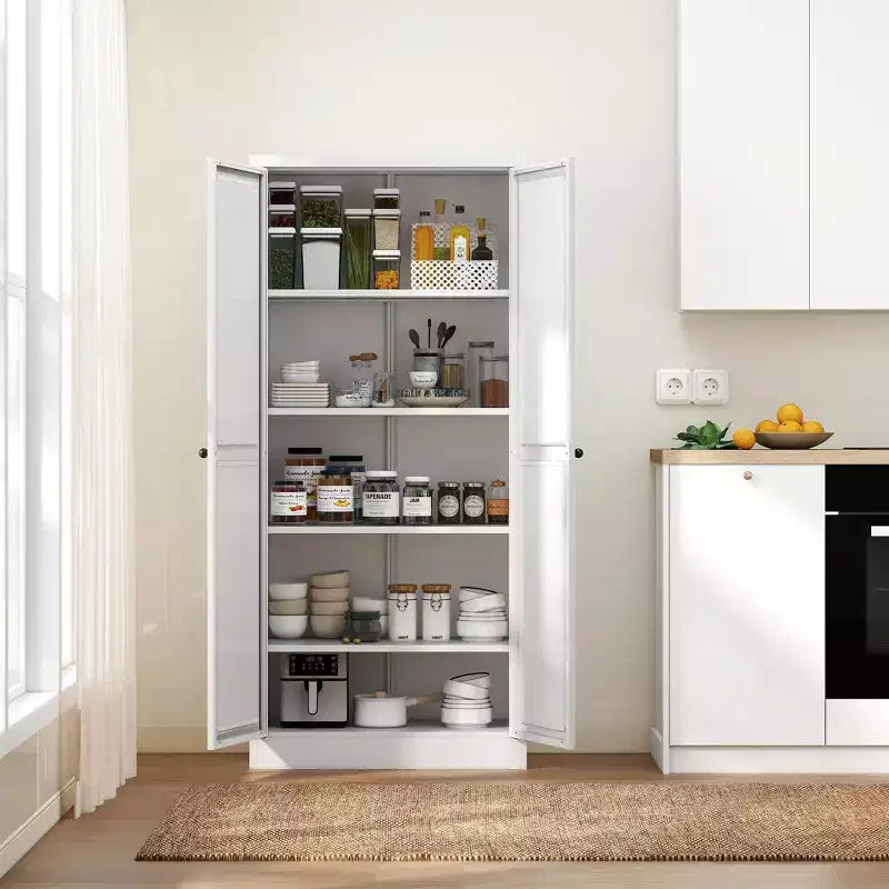 5-Tier White Steel Pantry Storage Cabinet with 2 Doors 4 Adjustable Shelves, Tall Metal Cabinets Heavy Duty Freestanding Utility Cabinet