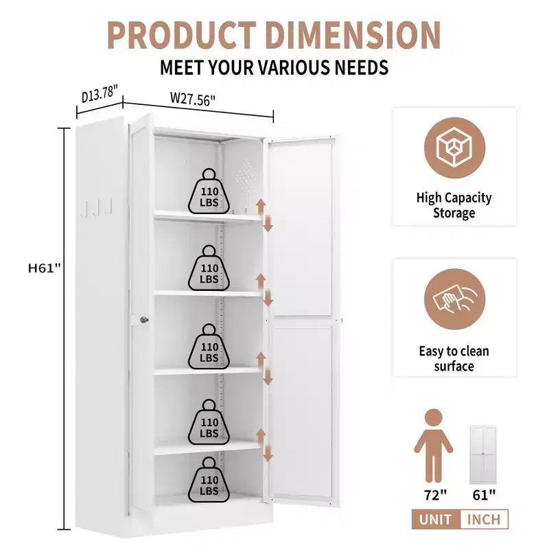 5-Tier White Steel Pantry Storage Cabinet with 2 Doors 4 Adjustable Shelves, Tall Metal Cabinets Heavy Duty Freestanding Utility Cabinet