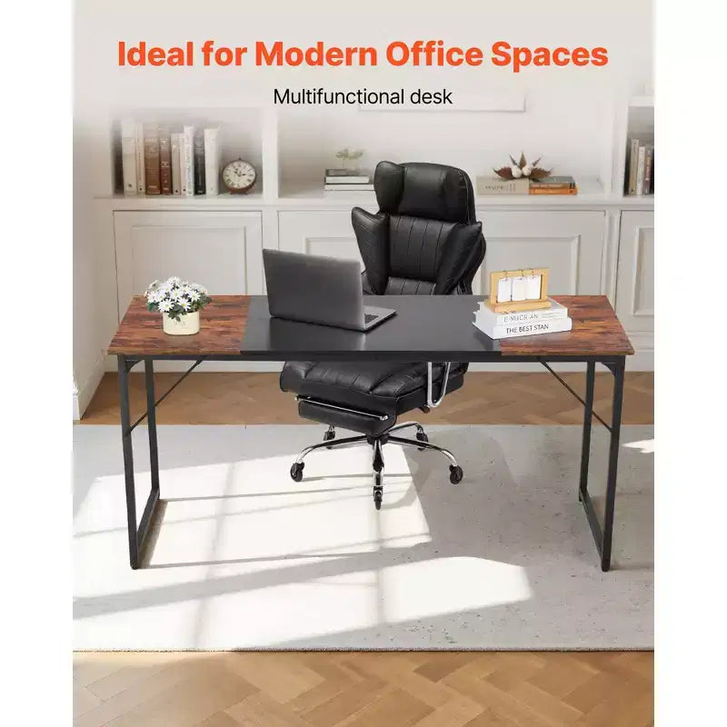 VEVOR Computer Desk, 63 Inch Office Gaming Desk for Home Office,Writing Study Work Modern Simple Table with Metal Frame for Large Legroom,Brown+Black