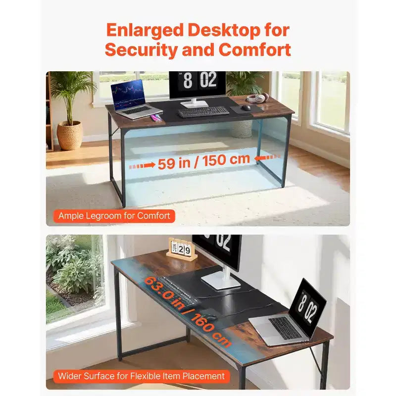 VEVOR Computer Desk, 63 Inch Office Gaming Desk for Home Office,Writing Study Work Modern Simple Table with Metal Frame for Large Legroom,Brown+Black