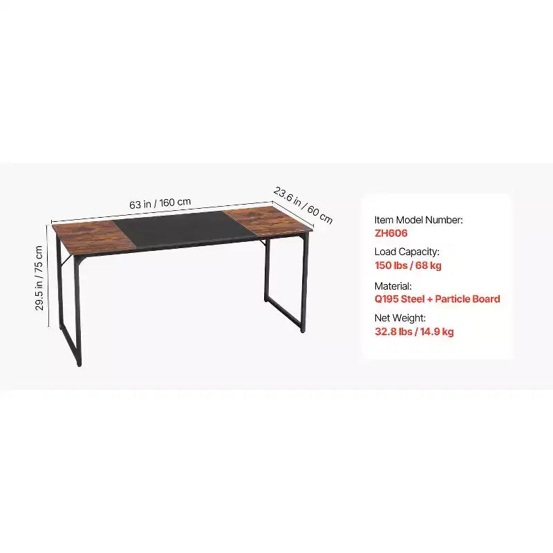 VEVOR Computer Desk, 63 Inch Office Gaming Desk for Home Office,Writing Study Work Modern Simple Table with Metal Frame for Large Legroom,Brown+Black