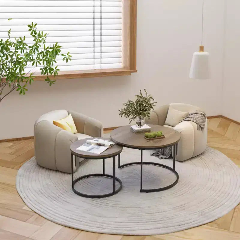 27 Round Nesting Table Set of 2, Industrial Wood-Look Tops with Sturdy Metal Frame, Space-Saving Accent End Tables, Brown