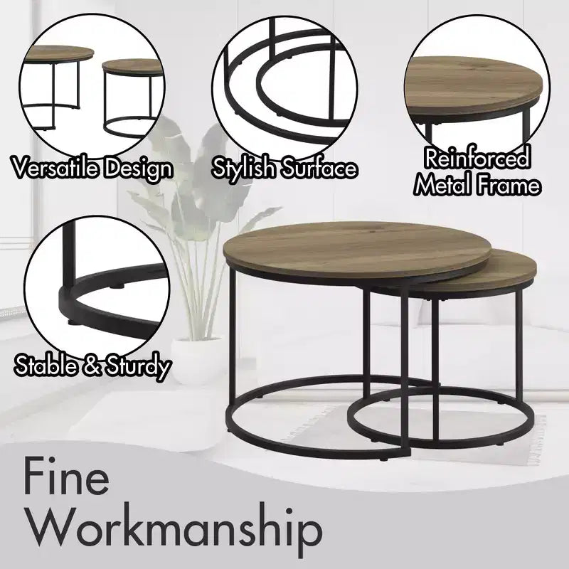 27 Round Nesting Table Set of 2, Industrial Wood-Look Tops with Sturdy Metal Frame, Space-Saving Accent End Tables, Brown