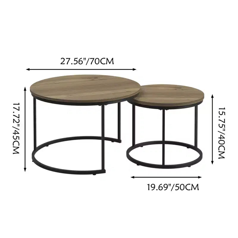 27 Round Nesting Table Set of 2, Industrial Wood-Look Tops with Sturdy Metal Frame, Space-Saving Accent End Tables, Brown