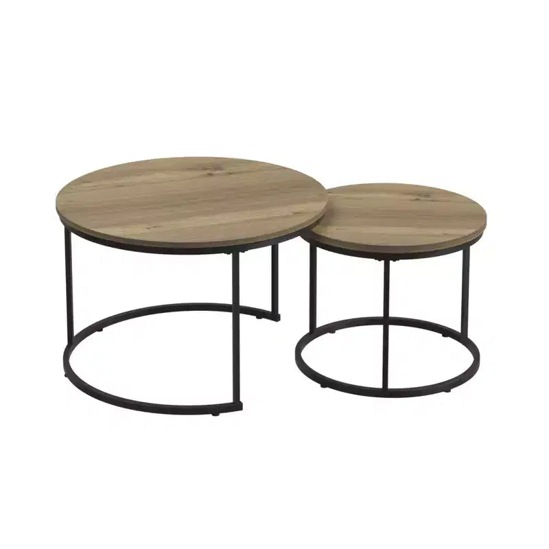 27 Round Nesting Table Set of 2, Industrial Wood-Look Tops with Sturdy Metal Frame, Space-Saving Accent End Tables, Brown