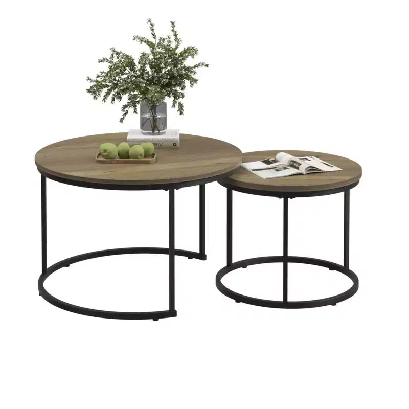 27 Round Nesting Table Set of 2, Industrial Wood-Look Tops with Sturdy Metal Frame, Space-Saving Accent End Tables, Brown