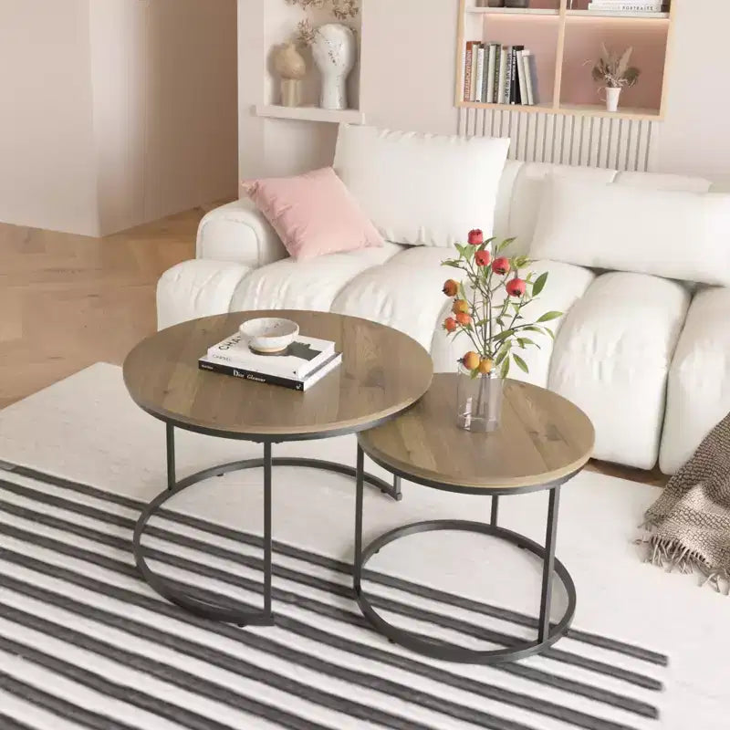 27 Round Nesting Table Set of 2, Industrial Wood-Look Tops with Sturdy Metal Frame, Space-Saving Accent End Tables, Brown
