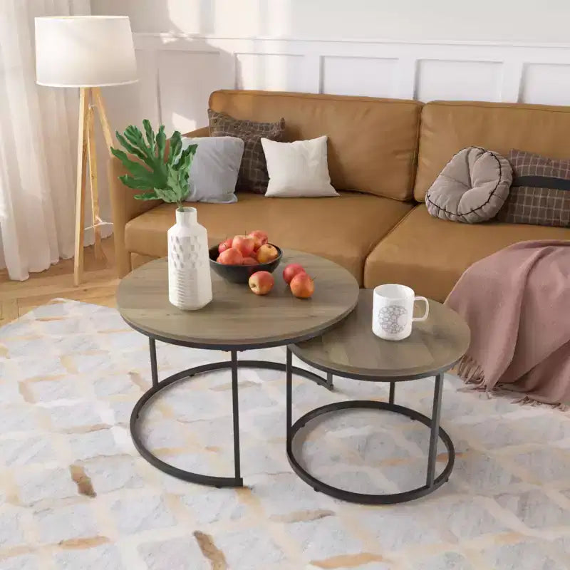 27 Round Nesting Table Set of 2, Industrial Wood-Look Tops with Sturdy Metal Frame, Space-Saving Accent End Tables, Brown