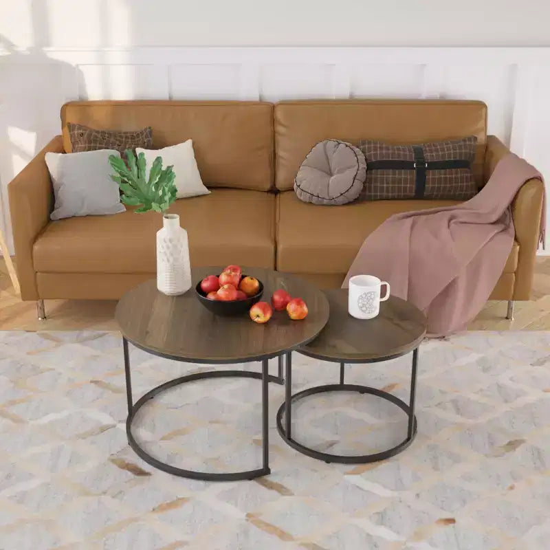 27 Round Nesting Table Set of 2, Industrial Wood-Look Tops with Sturdy Metal Frame, Space-Saving Accent End Tables, Brown