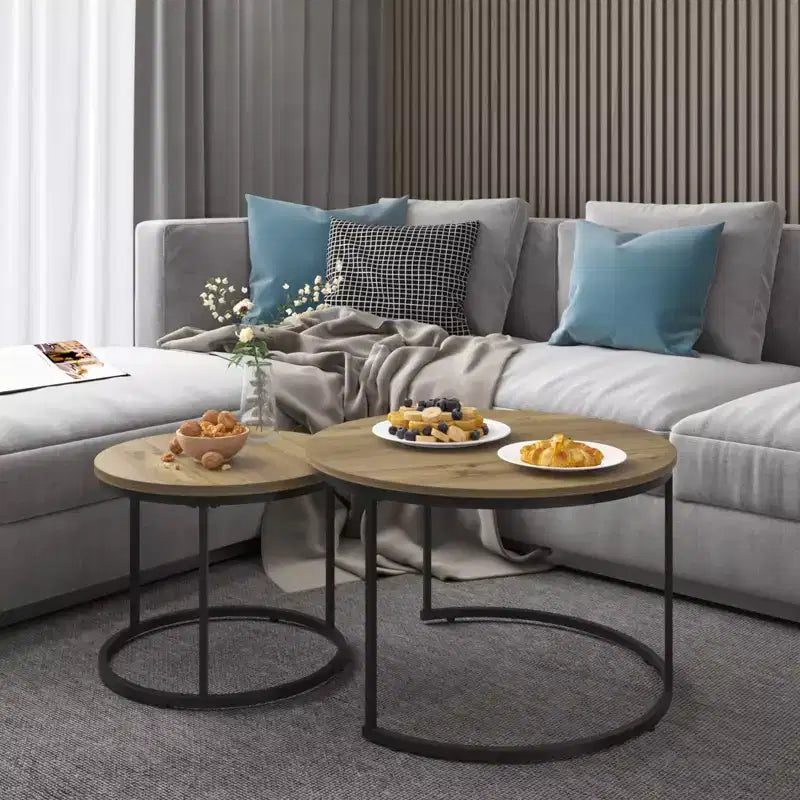 27 Round Nesting Table Set of 2, Industrial Wood-Look Tops with Sturdy Metal Frame, Space-Saving Accent End Tables, Brown