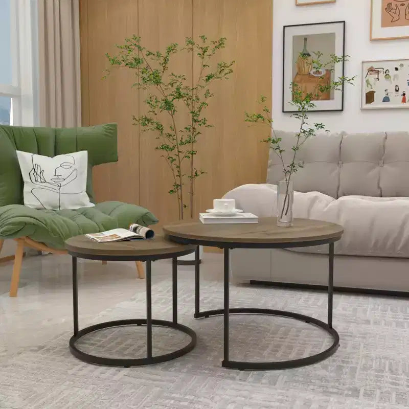 27 Round Nesting Table Set of 2, Industrial Wood-Look Tops with Sturdy Metal Frame, Space-Saving Accent End Tables, Brown