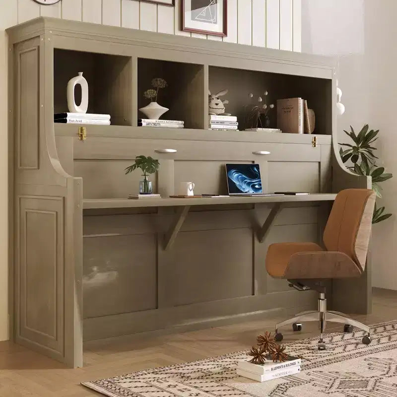 Twin Size Murphy Bed Space-Saving Wall Bed with Desk and Storage Bookshelf - ModernLuxe