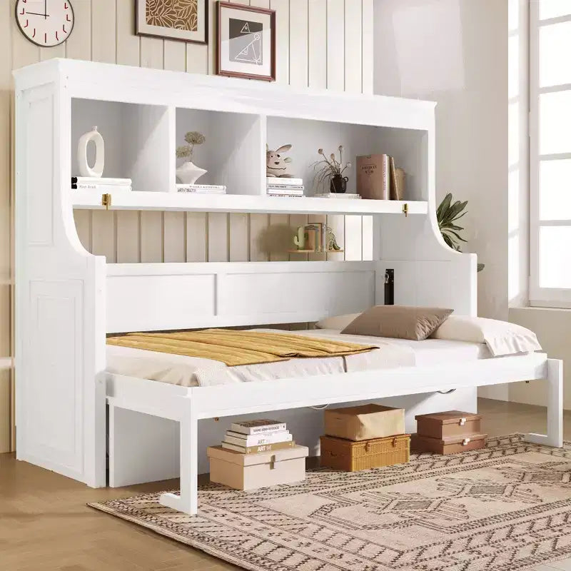 Twin Size Murphy Bed Space-Saving Wall Bed with Desk and Storage Bookshelf - ModernLuxe