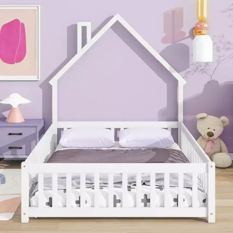 Full Size Kids House Shaped Bed with Guardrail, Wood Floor Bed Frame with Fence for Bedroom