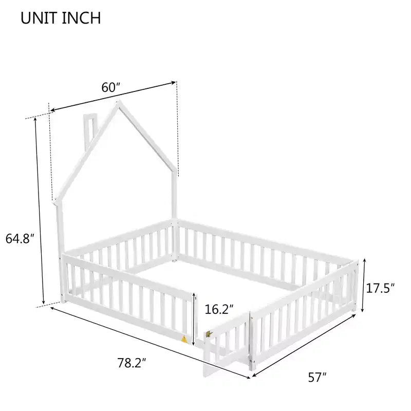 Full Size Kids House Shaped Bed with Guardrail, Wood Floor Bed Frame with Fence for Bedroom