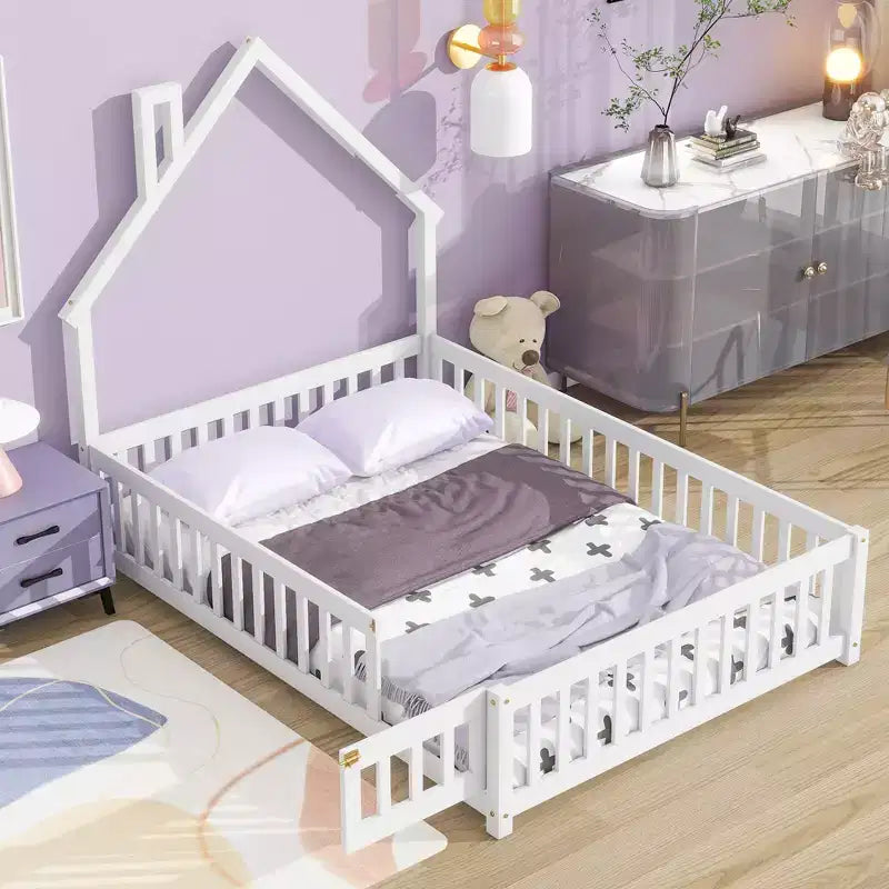 Full Size Kids House Shaped Bed with Guardrail, Wood Floor Bed Frame with Fence for Bedroom