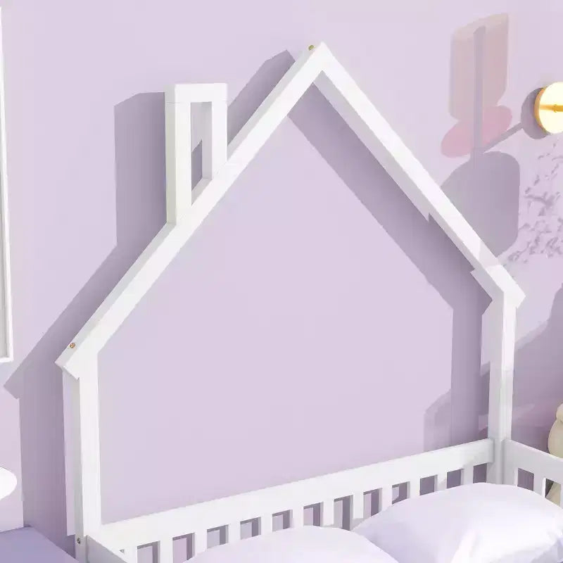 Full Size Kids House Shaped Bed with Guardrail, Wood Floor Bed Frame with Fence for Bedroom