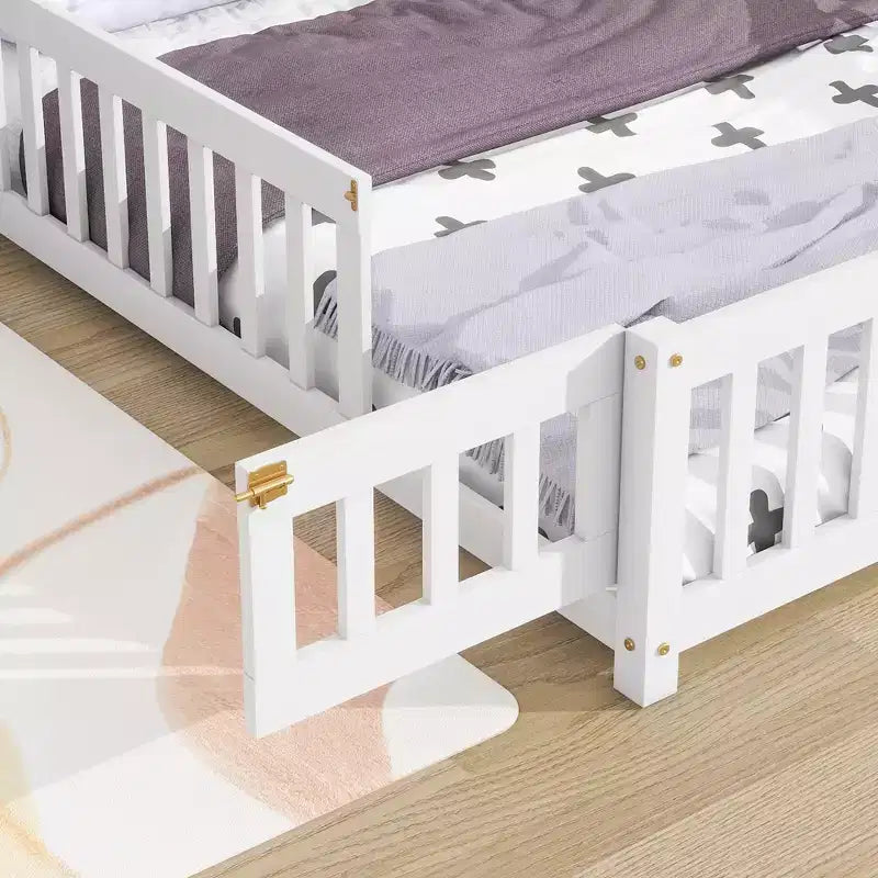 Full Size Kids House Shaped Bed with Guardrail, Wood Floor Bed Frame with Fence for Bedroom