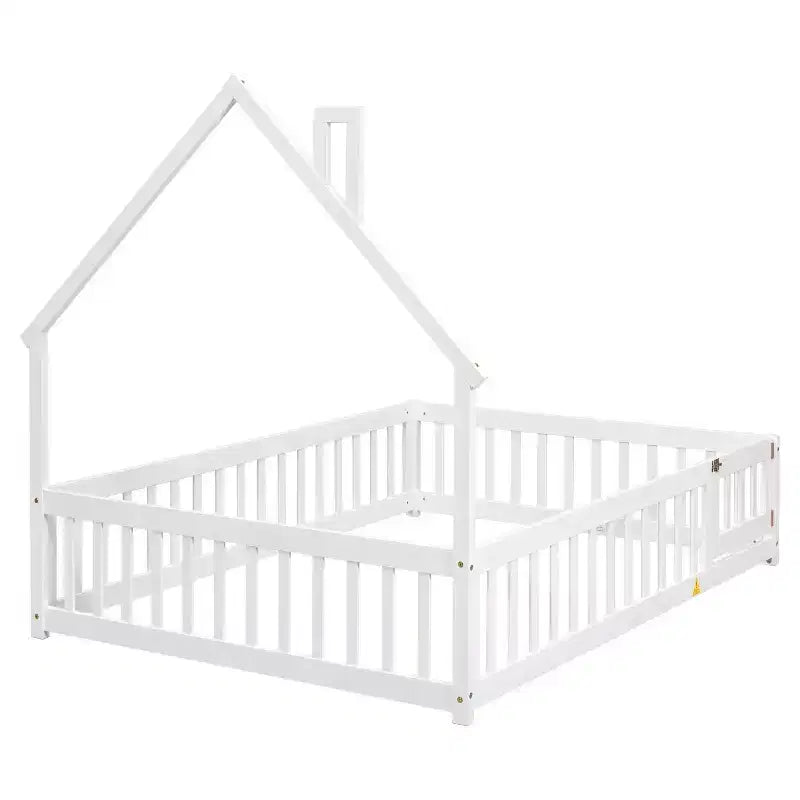 Full Size Kids House Shaped Bed with Guardrail, Wood Floor Bed Frame with Fence for Bedroom