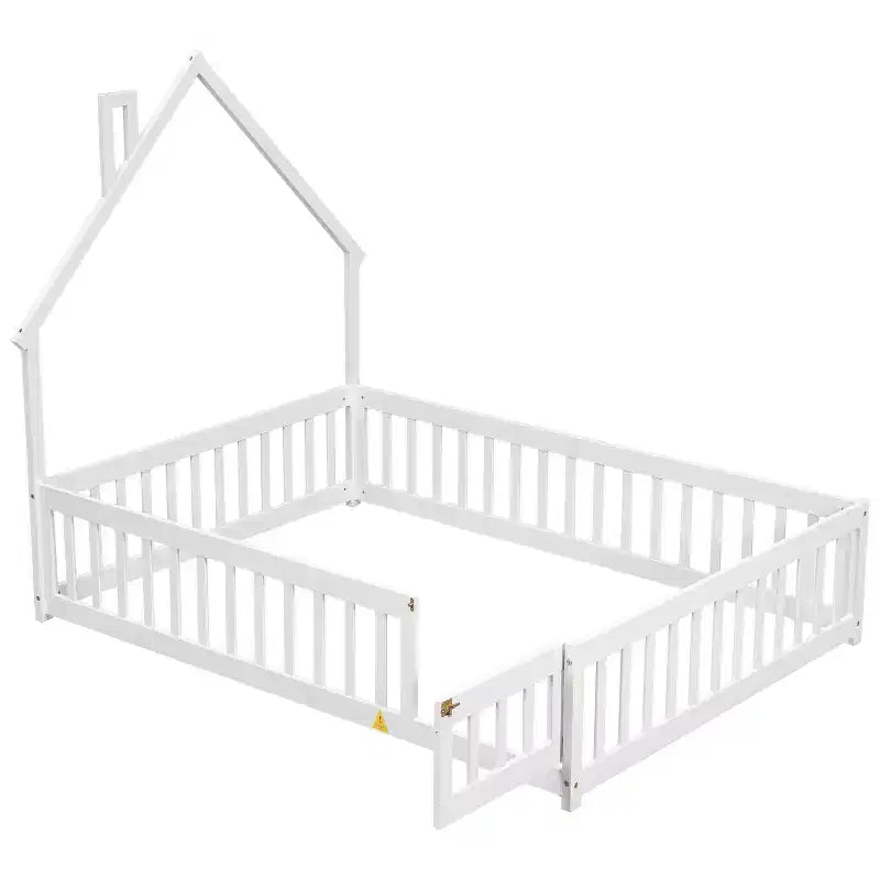 Full Size Kids House Shaped Bed with Guardrail, Wood Floor Bed Frame with Fence for Bedroom