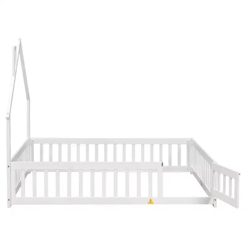Full Size Kids House Shaped Bed with Guardrail, Wood Floor Bed Frame with Fence for Bedroom