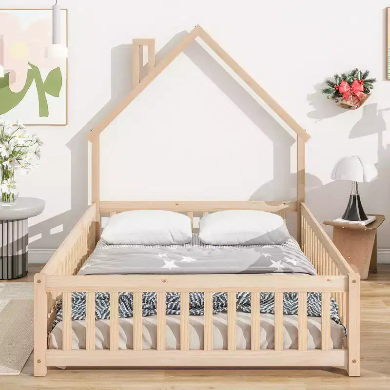 Full Size Kids House Shaped Bed with Guardrail, Wood Floor Bed Frame with Fence for Bedroom