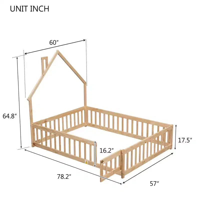 Full Size Kids House Shaped Bed with Guardrail, Wood Floor Bed Frame with Fence for Bedroom