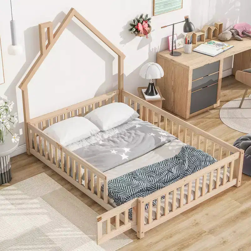 Full Size Kids House Shaped Bed with Guardrail, Wood Floor Bed Frame with Fence for Bedroom