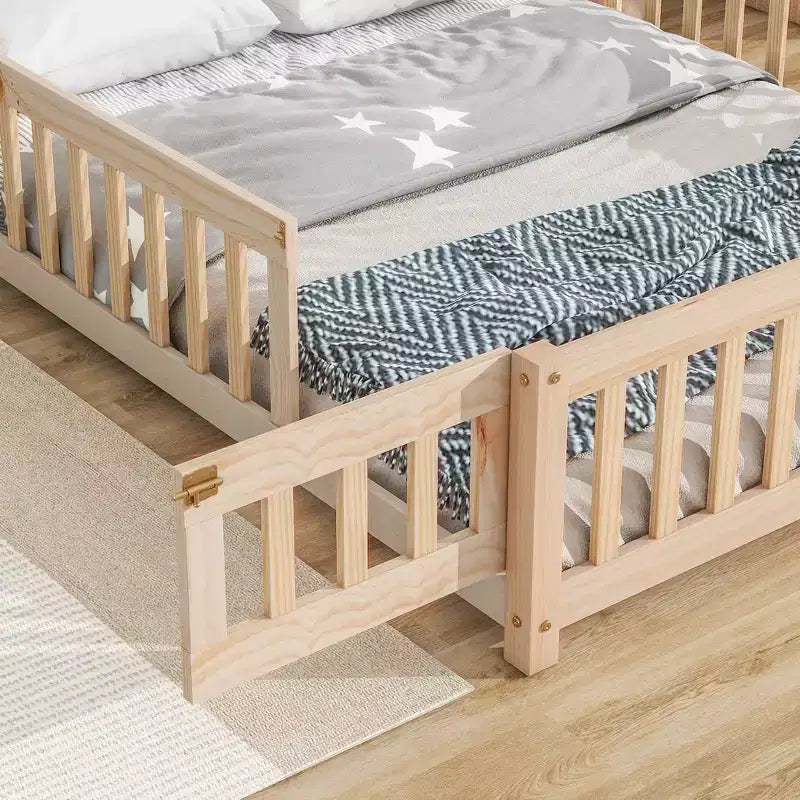 Full Size Kids House Shaped Bed with Guardrail, Wood Floor Bed Frame with Fence for Bedroom