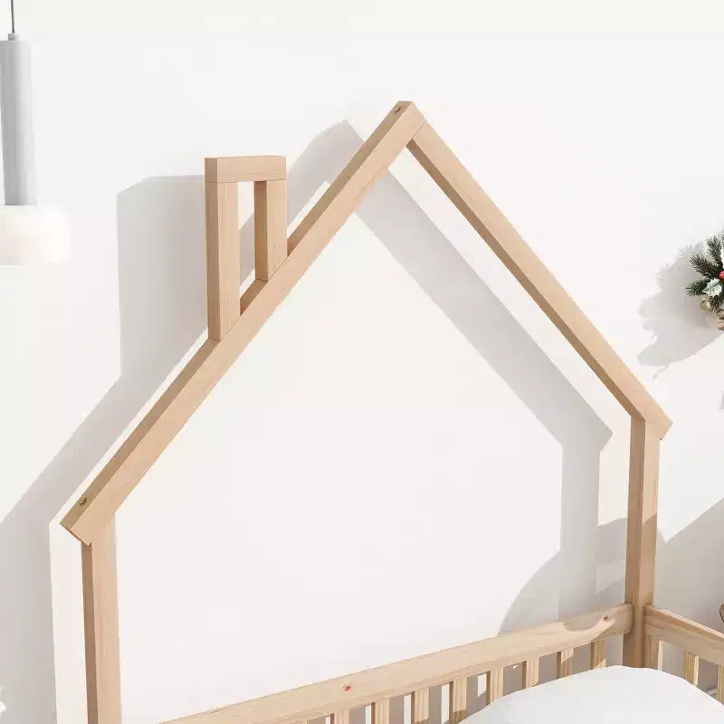 Full Size Kids House Shaped Bed with Guardrail, Wood Floor Bed Frame with Fence for Bedroom