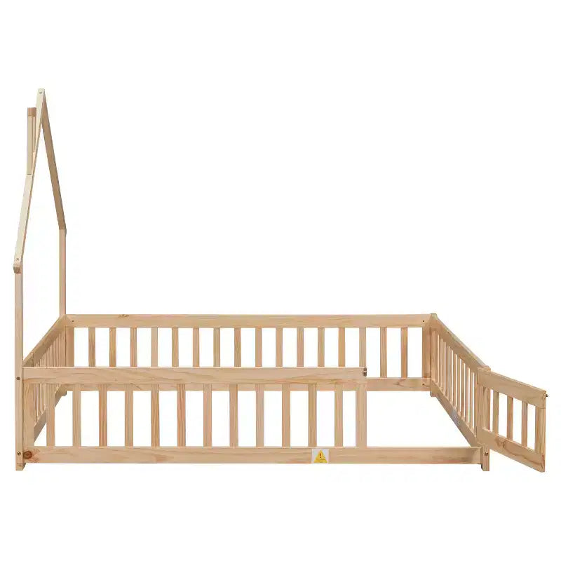 Full Size Kids House Shaped Bed with Guardrail, Wood Floor Bed Frame with Fence for Bedroom