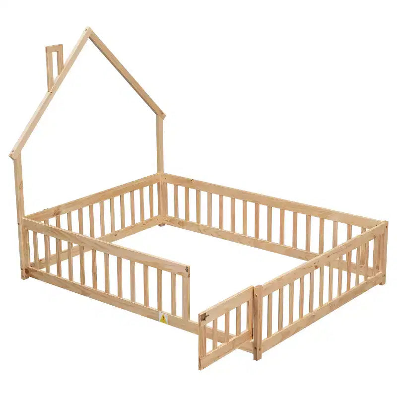 Full Size Kids House Shaped Bed with Guardrail, Wood Floor Bed Frame with Fence for Bedroom