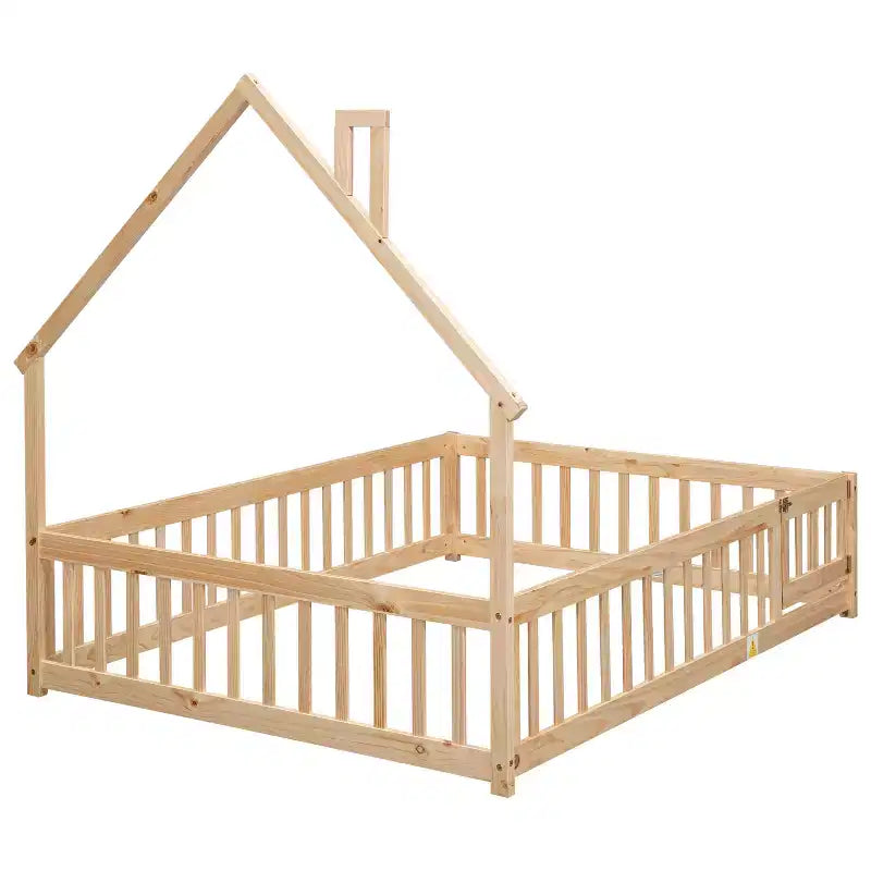 Full Size Kids House Shaped Bed with Guardrail, Wood Floor Bed Frame with Fence for Bedroom