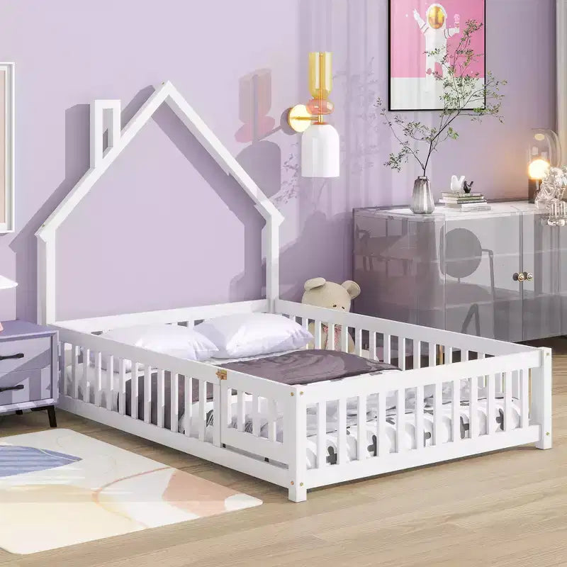 Full Size Kids House Shaped Bed with Guardrail, Wood Floor Bed Frame with Fence for Bedroom