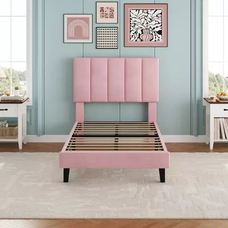 Set of 2 Twin Size Bed Frame, Velvet Upholstered Platform Bed with Adjustable Vertical Channel Tufted Headboard, No Box Spring Needed, Easy Assembly