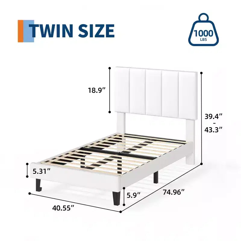Set of 2 Twin Size Bed Frame, Velvet Upholstered Platform Bed with Adjustable Vertical Channel Tufted Headboard, No Box Spring Needed, Easy Assembly