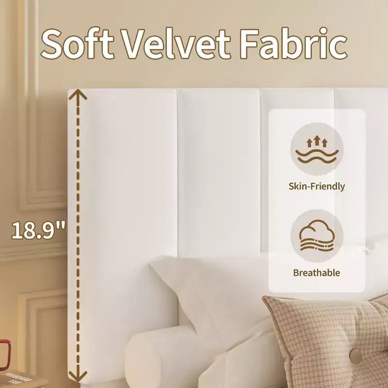 Set of 2 Twin Size Bed Frame, Velvet Upholstered Platform Bed with Adjustable Vertical Channel Tufted Headboard, No Box Spring Needed, Easy Assembly